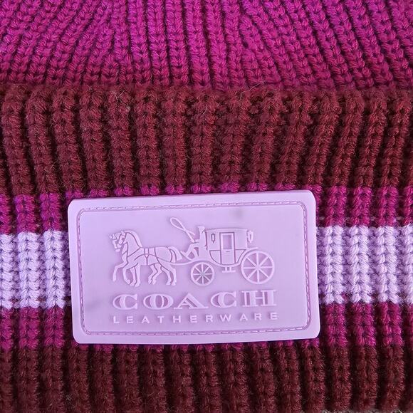 Coach Women\'s Pink & Plum Two-Tone Varsity Stripe Patch Beanie Size One Size
